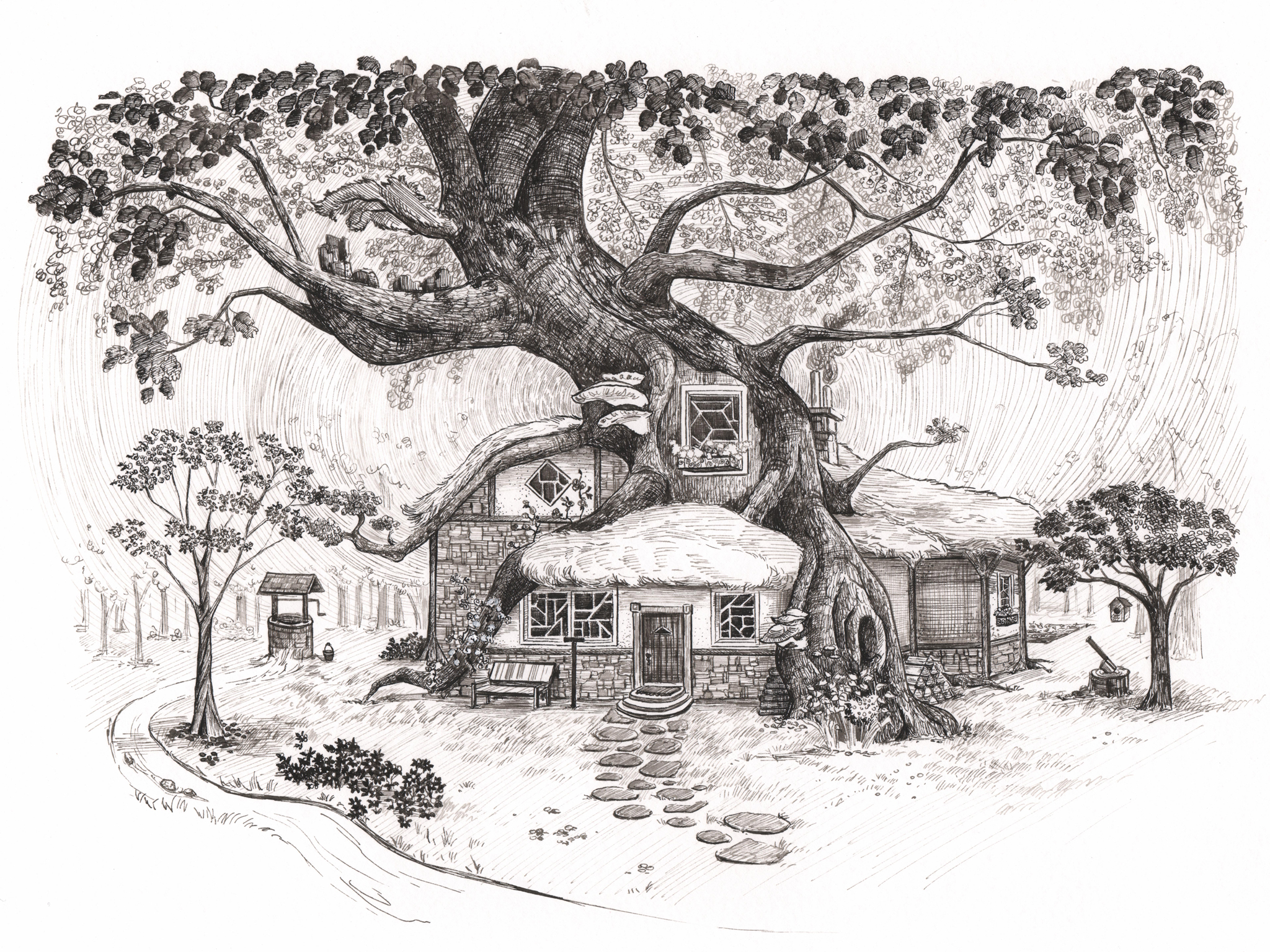 Ink illustration of Cornelian's cottage from "Warriors of Virtue", Chapter 01.