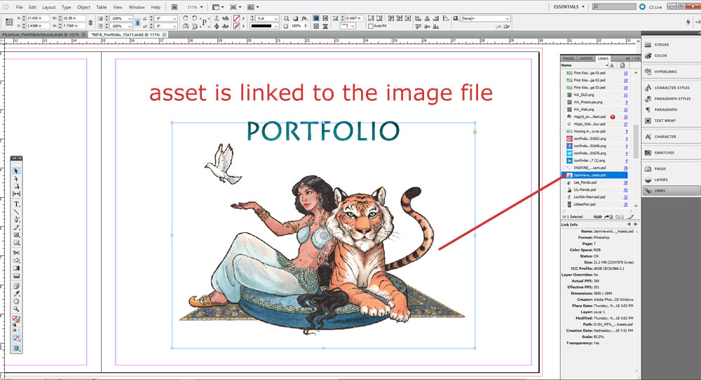 Photoshop asset is linked to the image file in Adobe InDesign.