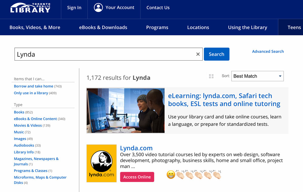 Free Lynda.com software lessons at the Toronto Public Library.