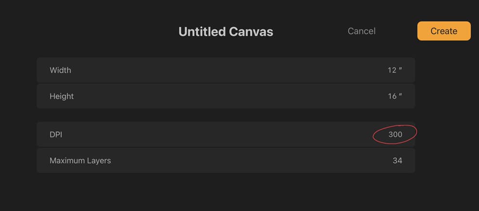 Showing Procreate’s new canvas setting set to 300ppi.