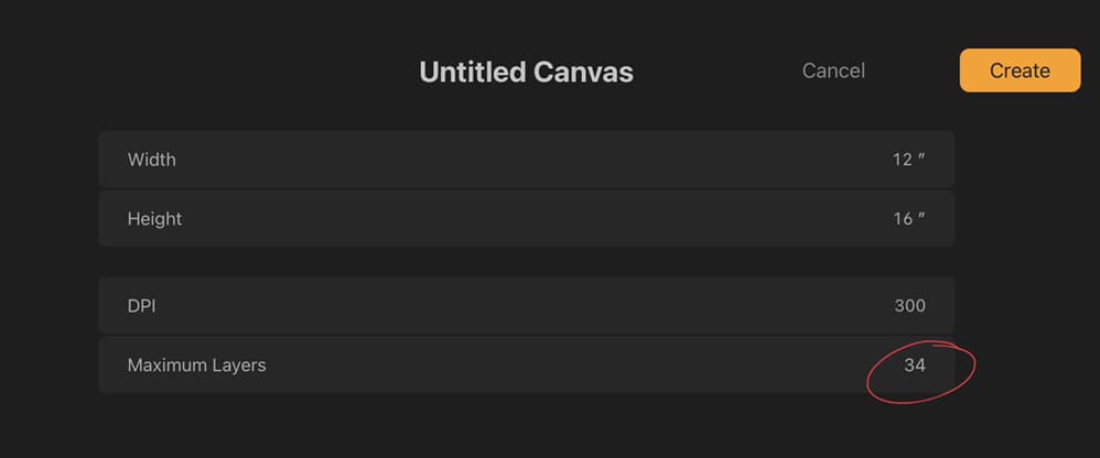 Showing the number of Layers available for a canvas size 12" x 16" set at 300 ppi.