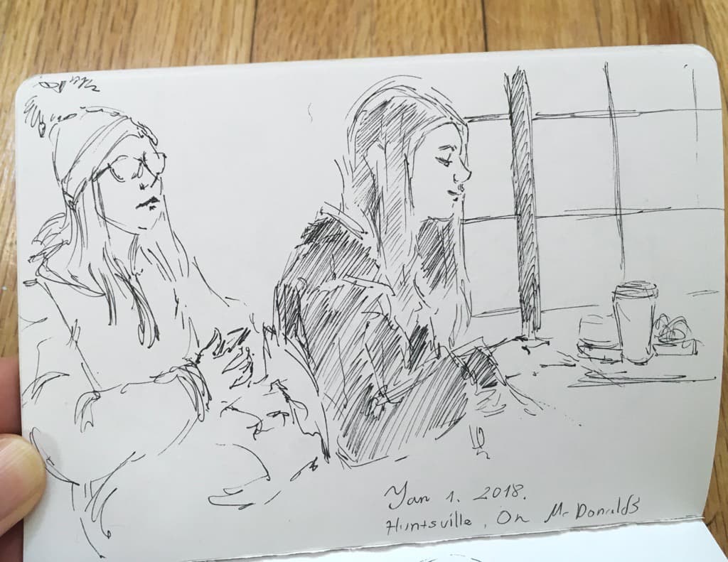 Mili Fay’ Sketch: 2 women in McDonald’s, Huntsville.
