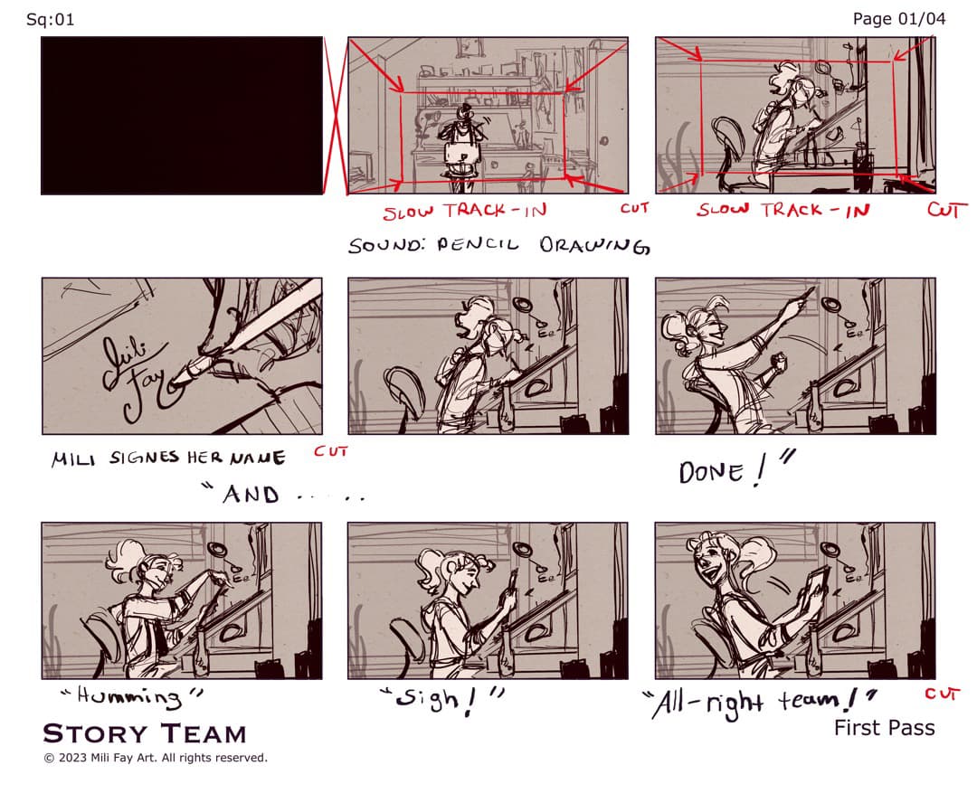 Mili Fay Artist’s Life: Story Team — Storyboard P01