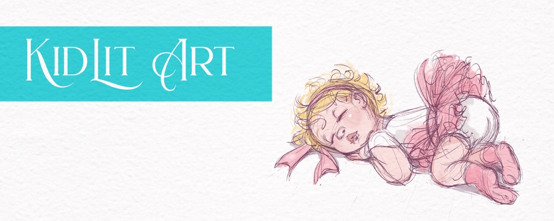 KidLit Art Main Menu image showing Ellen as a toddler sleeping — colour sketch from Just Dance.